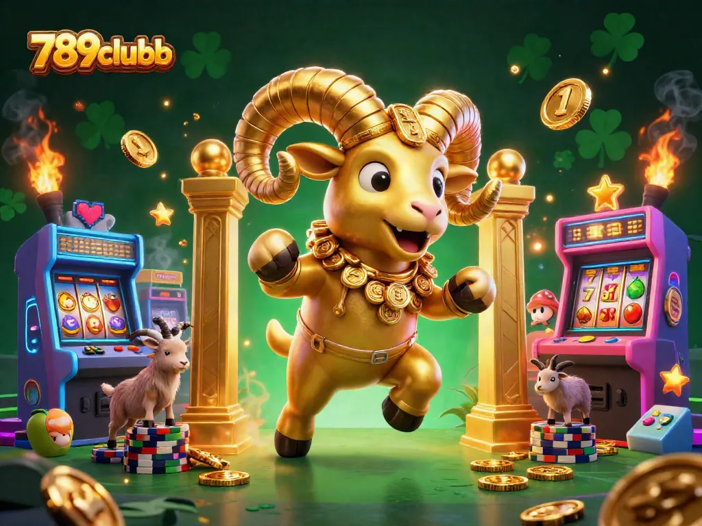 Experience thrilling gameplay with 789clubb's golden ram amidst vivid slot symbols and arcade game elements.