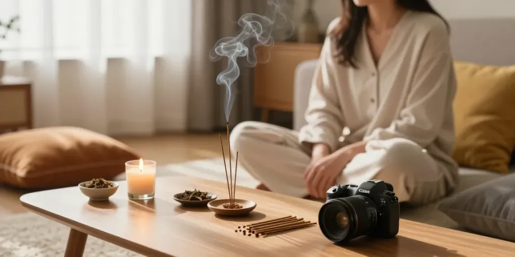 herbal incense buy online experience in a cozy living room with aromatic herbs and a calm atmosphere