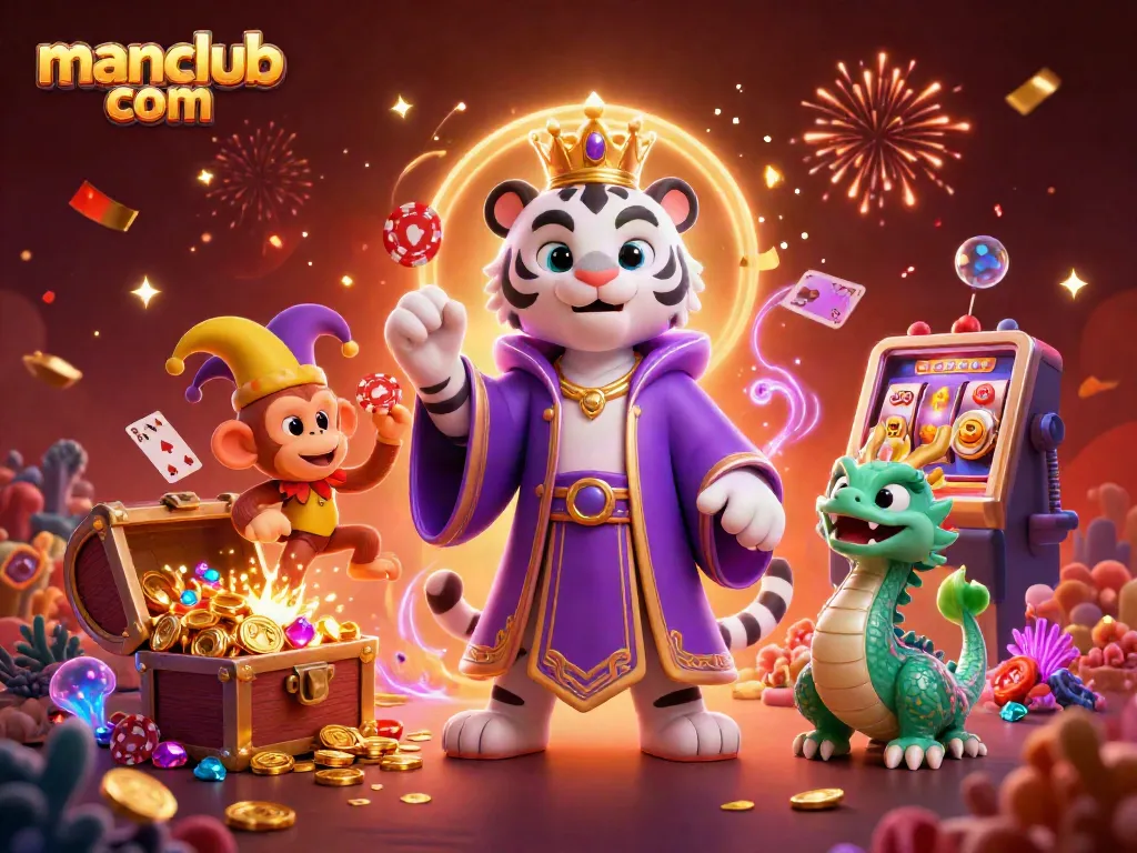 Engage in thrilling gameplay at manclub com with an exciting casino scene featuring playful characters and dynamic game elements.