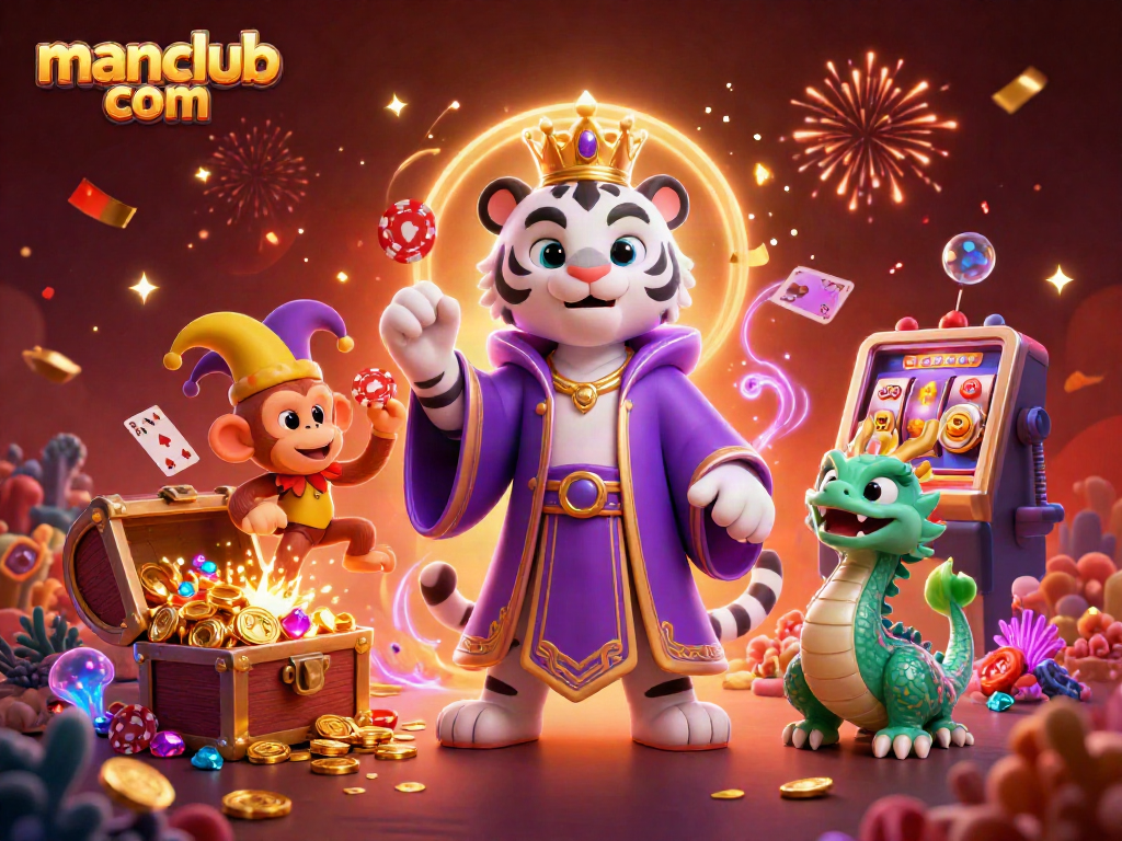 Engage in thrilling gameplay at manclub com with an exciting casino scene featuring playful characters and dynamic game elements.