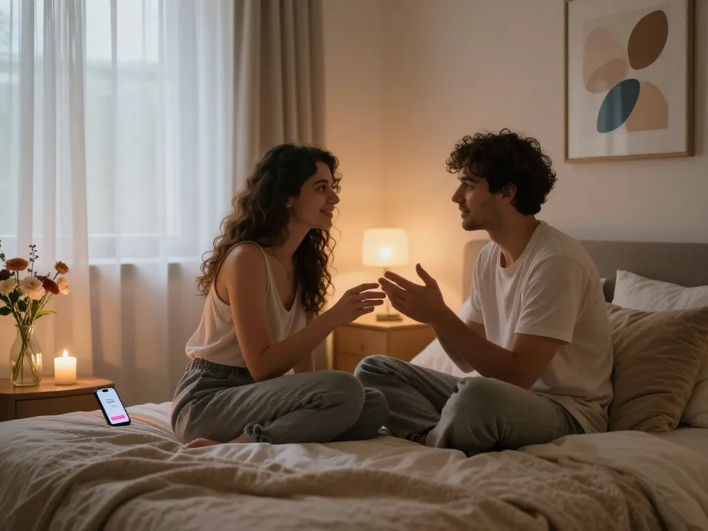 Couple exploring intimacy in a cozy bedroom, enhancing their connection through sex ai insights.