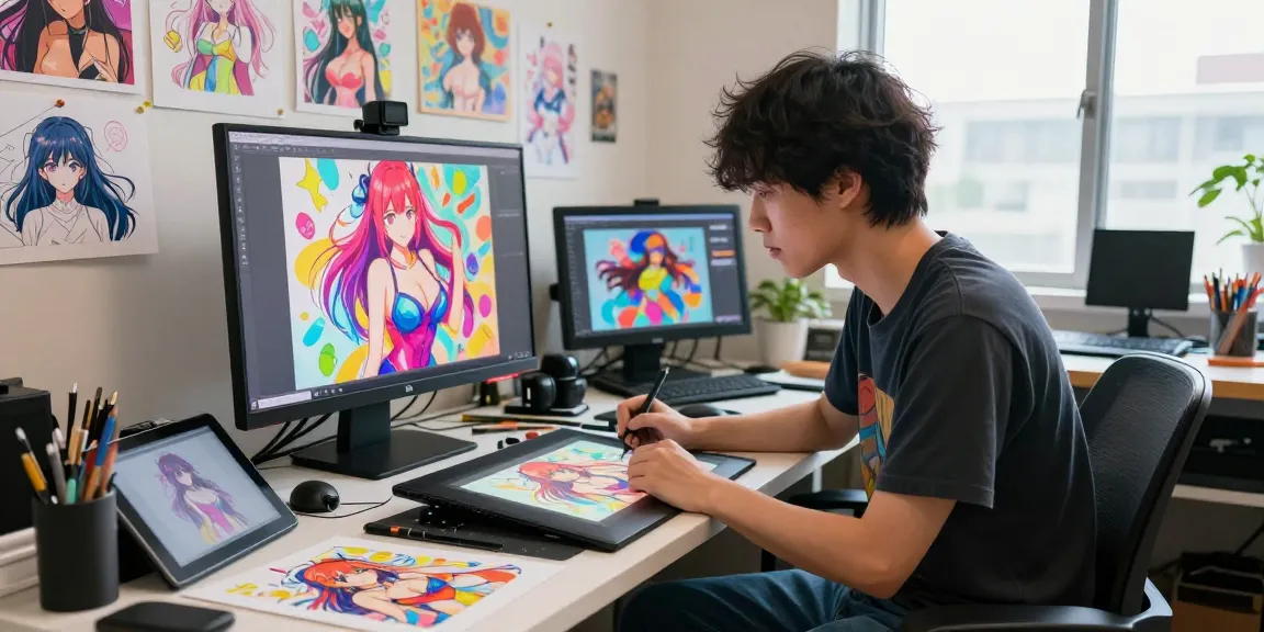 Artist creating captivating ai ecchi illustrations in a vibrant studio.