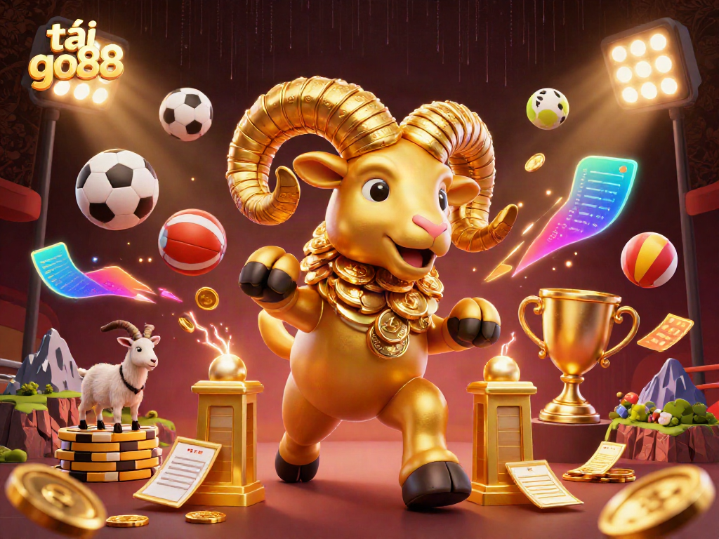 Experience the thrill of tải go88 with dynamic gaming elements, 3D cartoon golden ram and sports balls.