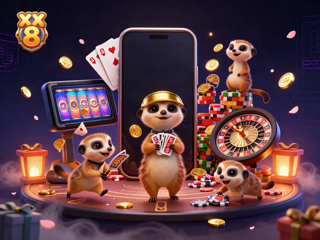 Engaging cartoon meerkats running a bustling casino operation in a vibrant digital illustration featuring slot games and chips, XX 8.