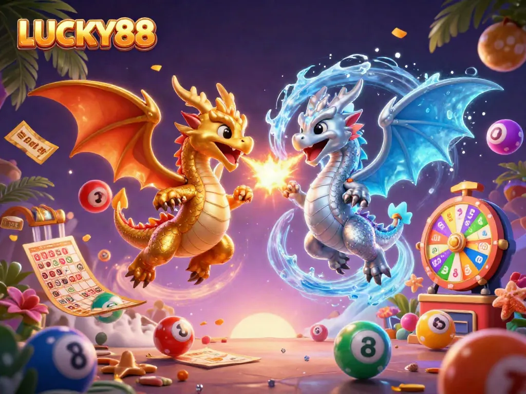 Experience excitement at LUCKY88 with dynamic dragons, lottery elements, and vibrant casino atmosphere.