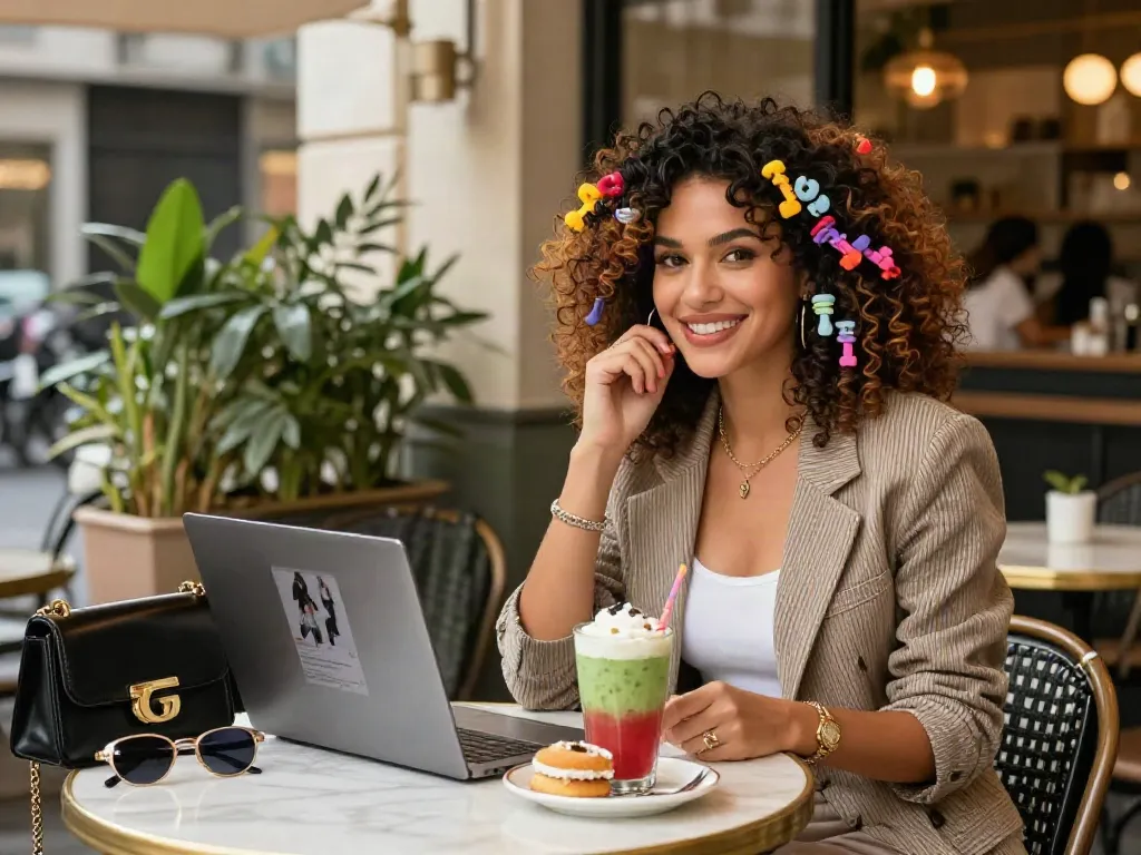 Beautiful woman wearing curly clip in hair extensions, showcasing confidence at a trendy café.