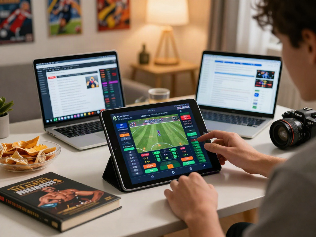 Player enjoying de bet online experience with tablet and snacks