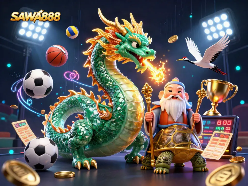 SAWA888 showcases an epic 3D casino scene with a jade dragon and lucky cranes amidst dynamic sports betting elements.