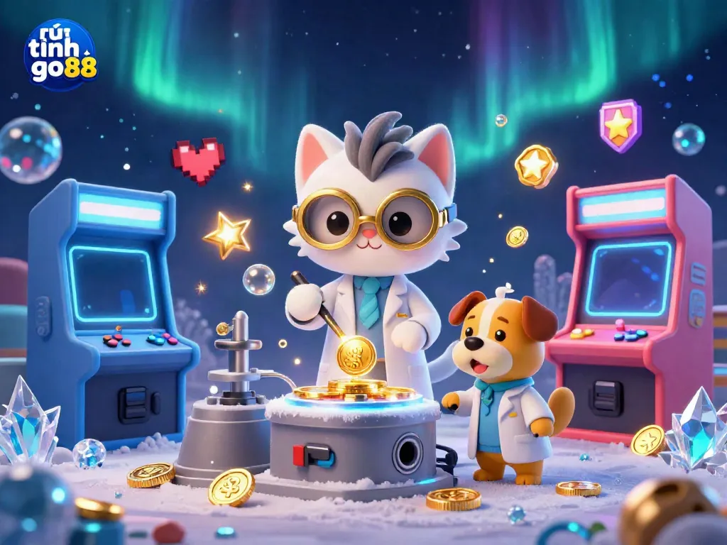 Engage with rút tiền go88 featuring a mad scientist cat and dog in a vibrant casino-themed lab.