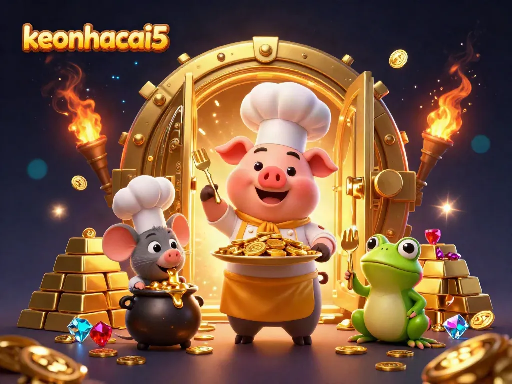 Engage with the keonhacai5 casino world through vibrant imagery of a chef pig serving gold coins in a dynamic treasure vault.