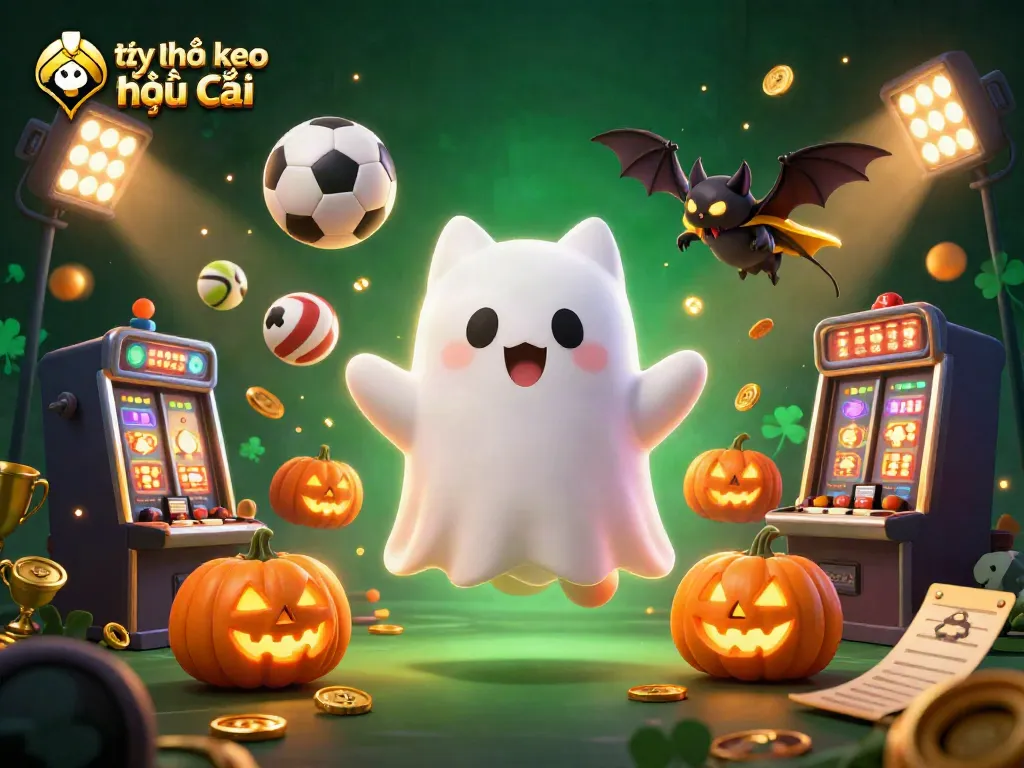 Check the tỷ lệ kèo nhà cái with ghost cat and sports elements in a haunted casino scene.