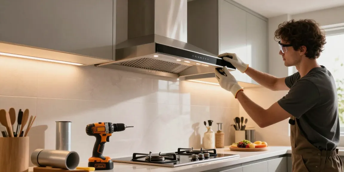 Hands-on exhaust hood installation in a modern kitchen with tools and safety gear.
