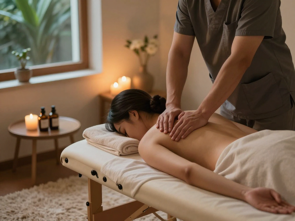 Enjoying a soothing 광명출장마사지 at home with a professional therapist in a serene setting.