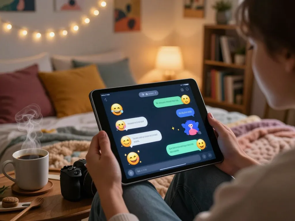 Cozy bedroom scene showcasing user interacting with ai nsfw character on a tablet, warm ambient lighting.
