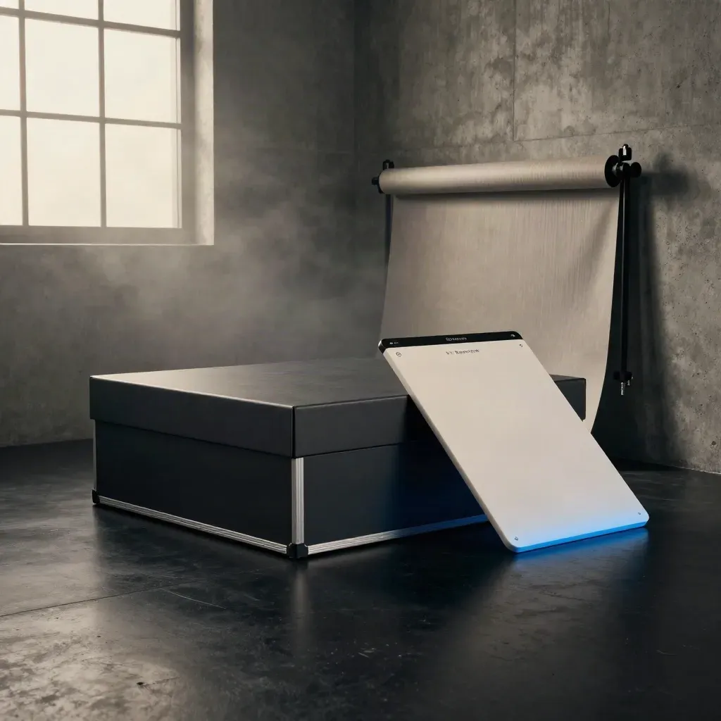 Bundle box, backdrop tube, proof board and deck case sliding through a dark concrete studio.