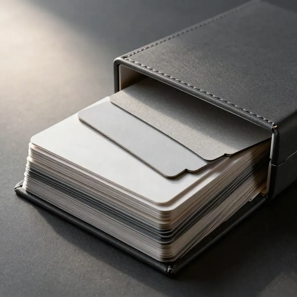 Open identity kit box with swatches, blank cards, and binder on graphite, dramatic close-up.