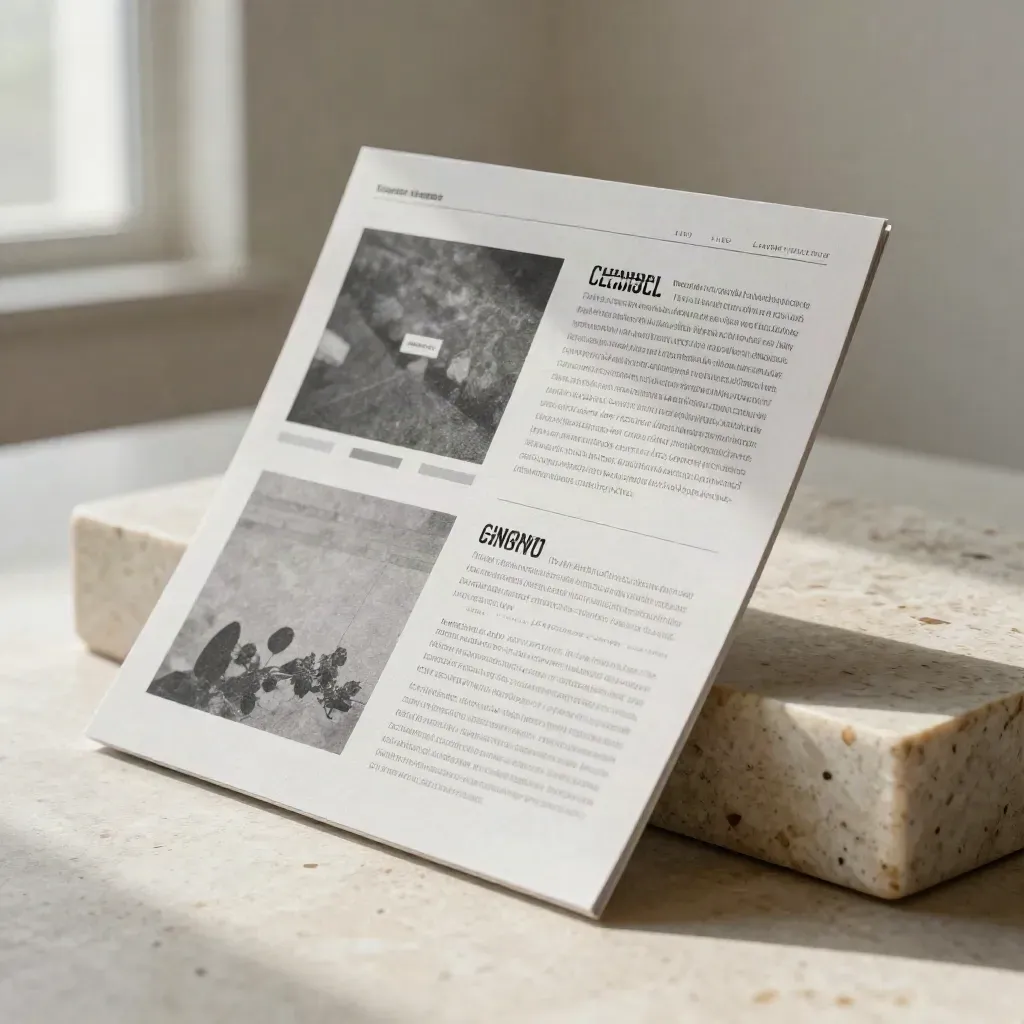Landing page design pack with boards and panels on travertine in soft studio light.
