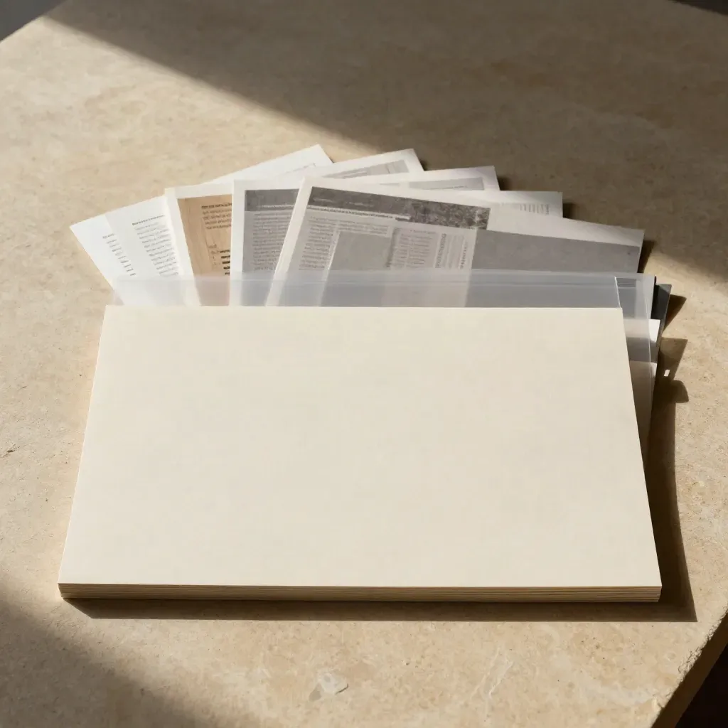 Overhead flatlay of a homepage design pack with layered paper boards and clear sleeve.