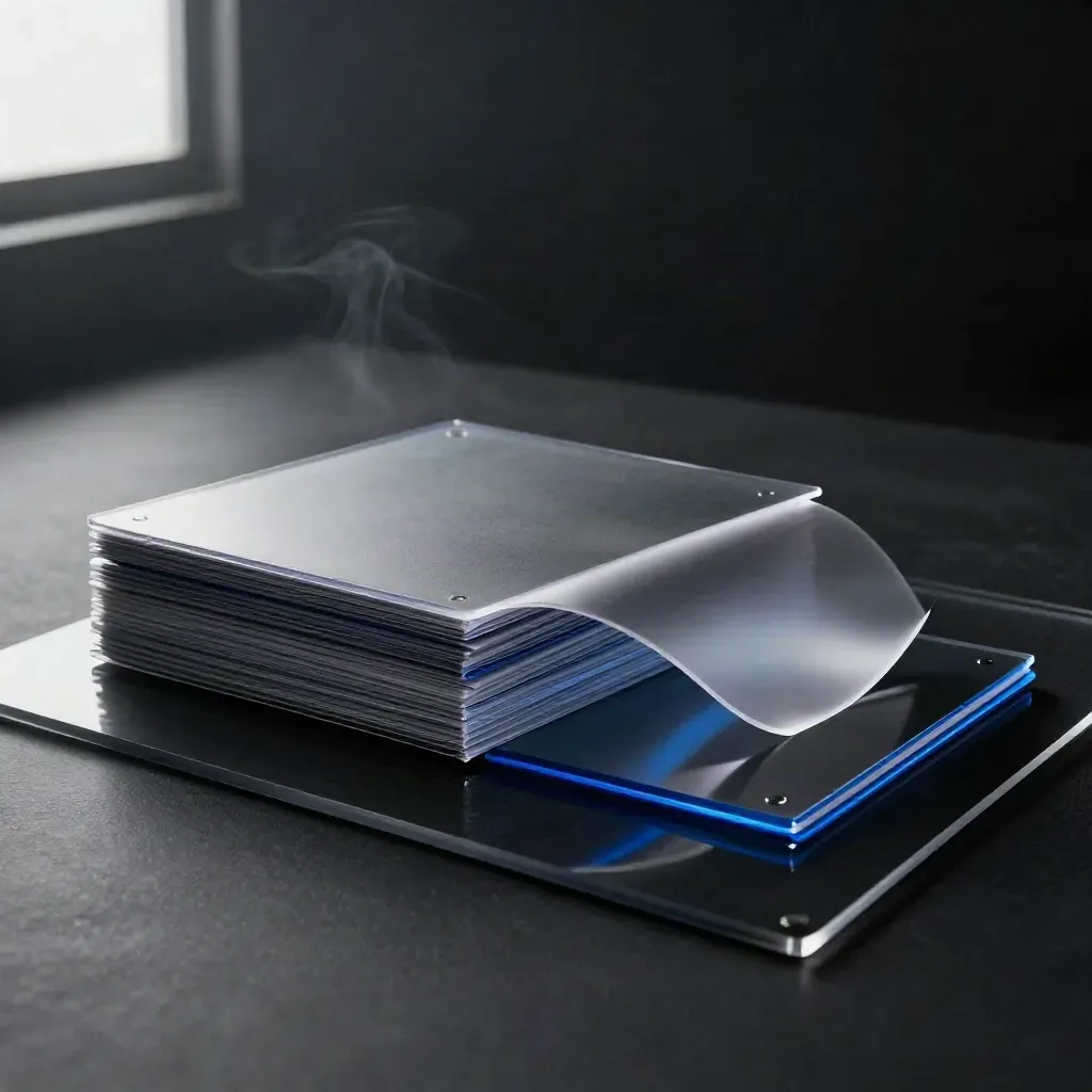 Dark pitch deck bundle with slides peeling open on a black studio surface, blue rim light