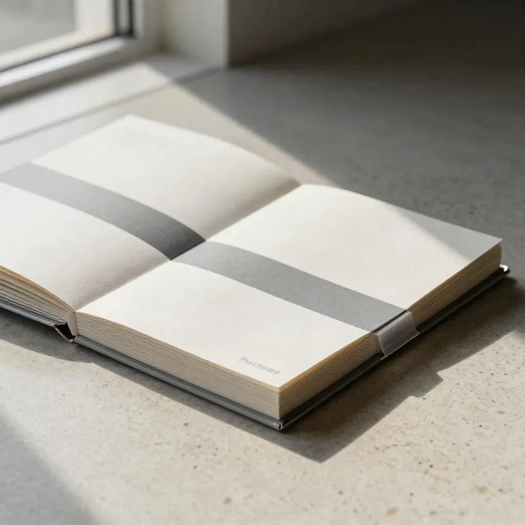 Half-open brand style guide with swatches and rule cards on travertine, softly lit from above.
