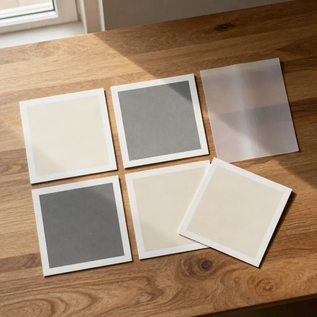 Overhead flatlay of square social graphic tiles, proofs and translucent sleeve on warm wood