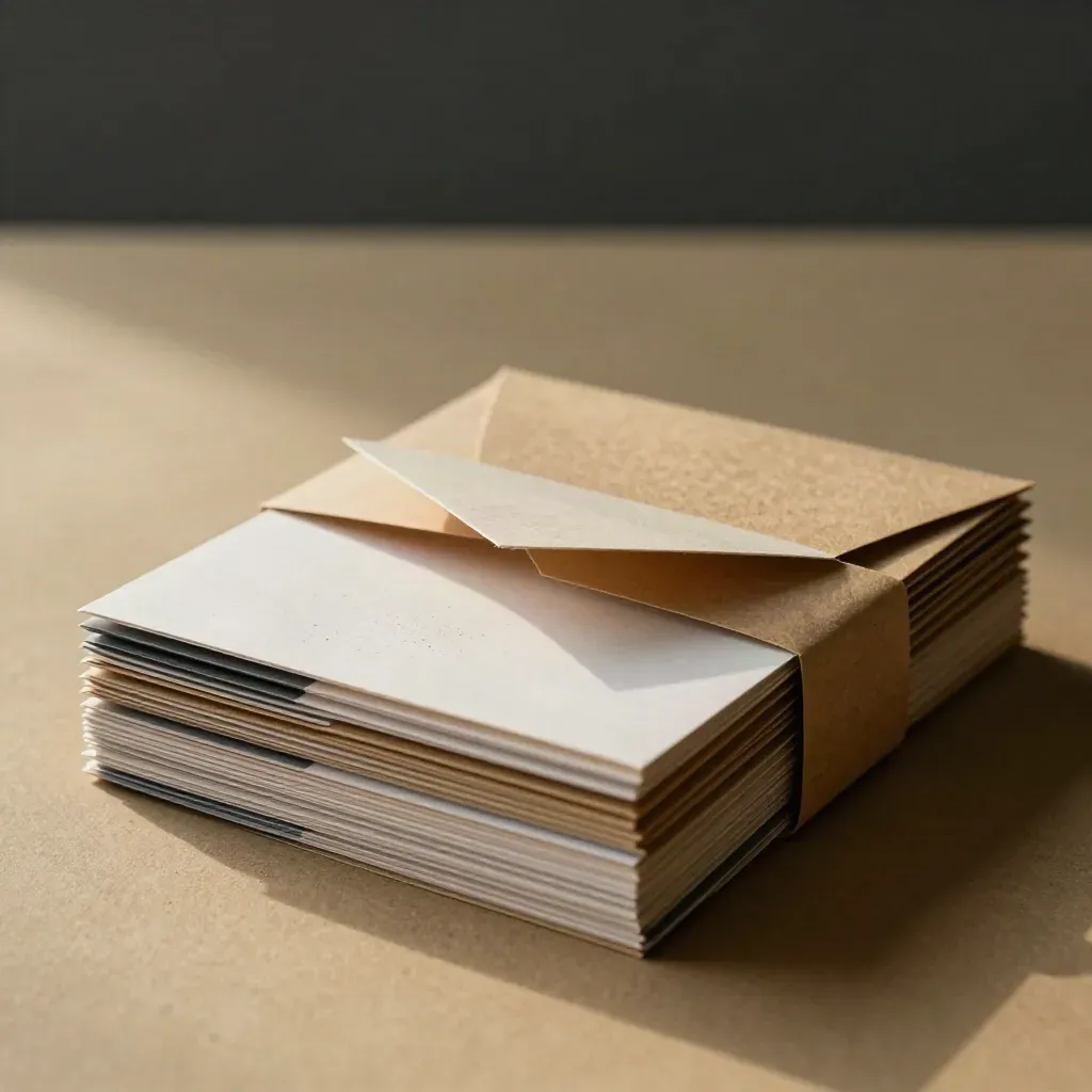 Bundled print collateral kit with kraft wrap, pale envelope, and layered paper textures