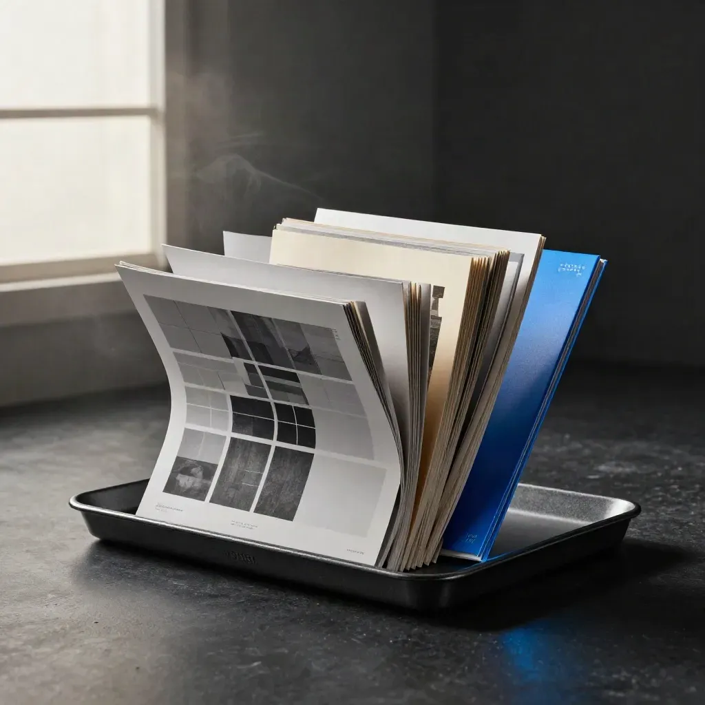 Charcoal launch bundle with layered brand boards and deck pages exploding diagonally with electric blue light.