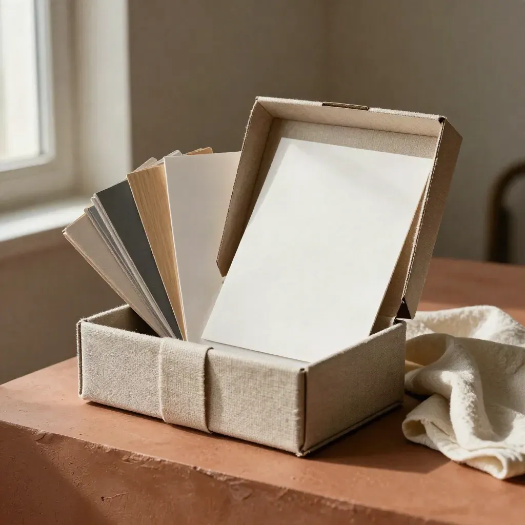 Linen-wrapped brand kit with swatches, card board, and folded mockups on a terracotta plinth.