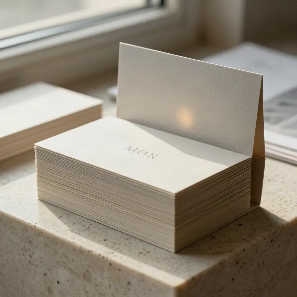 Close three-quarter of a thick business card set in a matte case on travertine.