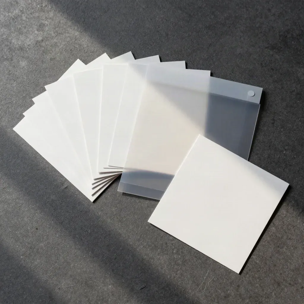 Overhead flatlay of blank square cards, translucent sleeve, and proof pieces on graphite concrete.