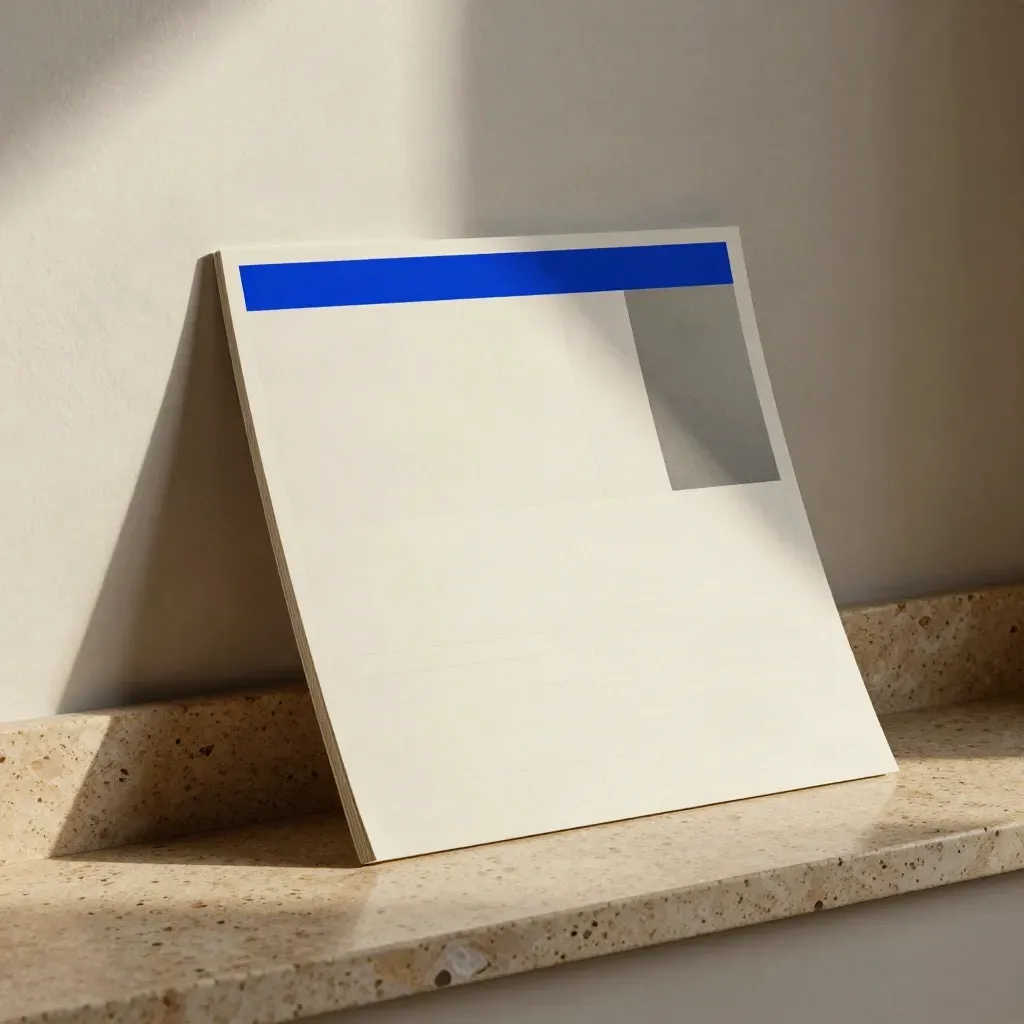Mockup board leaning on stone block with folded proof sheet and blue accent