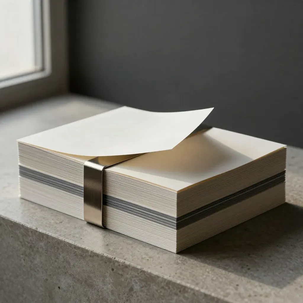 Stacked paper email header panels with a metal clip and lifted top strip on stone.