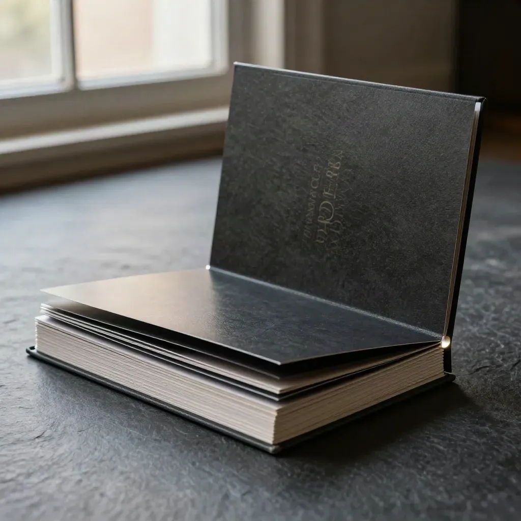 Open sales deck kit with fanned slide boards and slipcase on dark slate.