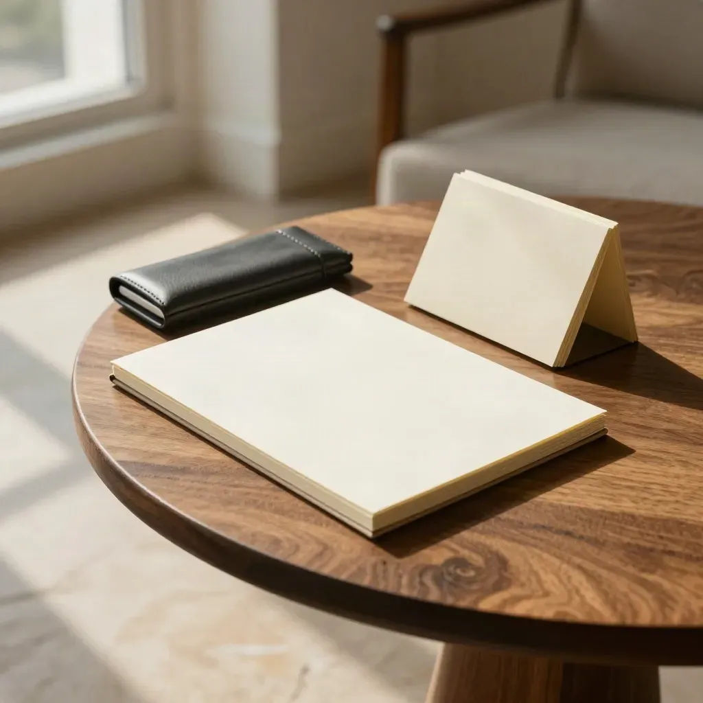 Consultation bundle on a walnut table by window light: note pad, headset case, and cue cards.