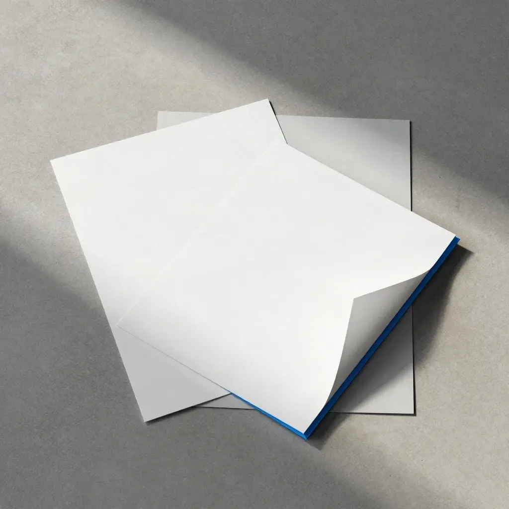 Overhead flatlay of two blank flyers and a paper sleeve on concrete with a blue accent.