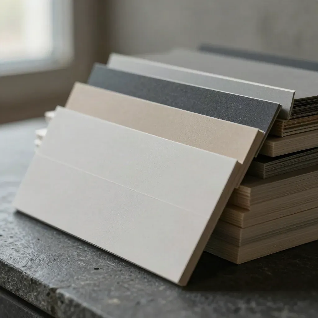 Stepped stack of swatch cards and color chips in charcoal and cool gray, macro product photo