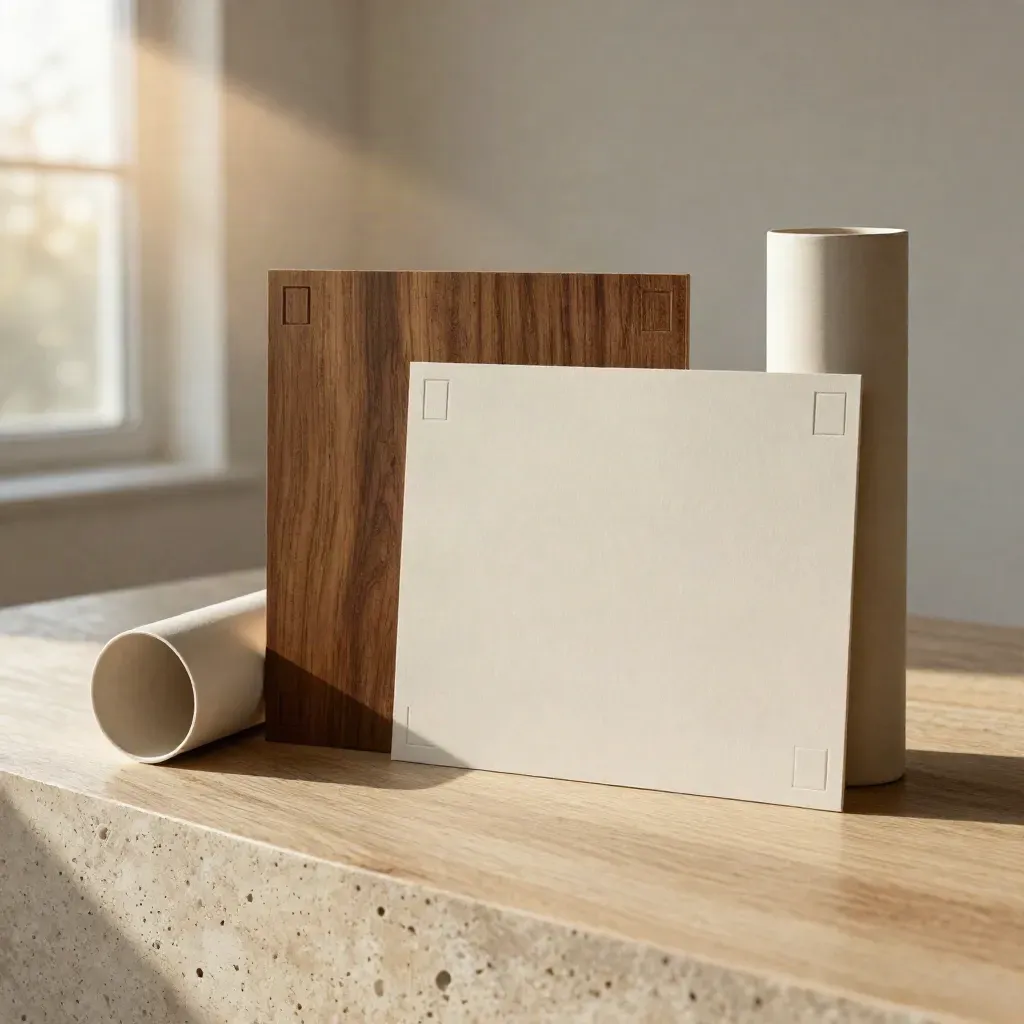 Travertine and pale oak surface with identity boards, paper tube, and ceramic column in warm light.