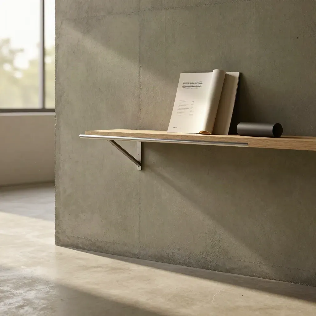 Sunlit concrete loft corner with shelf, steel rail, and rolled page high above calm copy space.