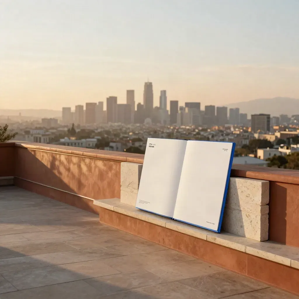 Rooftop terrace with pitch-deck mockups, pale stone, and a hazy skyline at sunset.