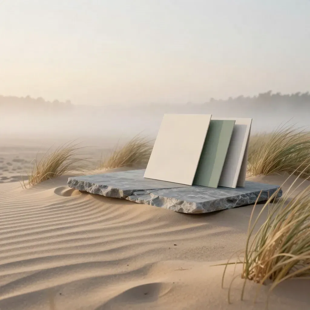 Foggy dune grasses, stone slab, and presentation boards in dawn mist
