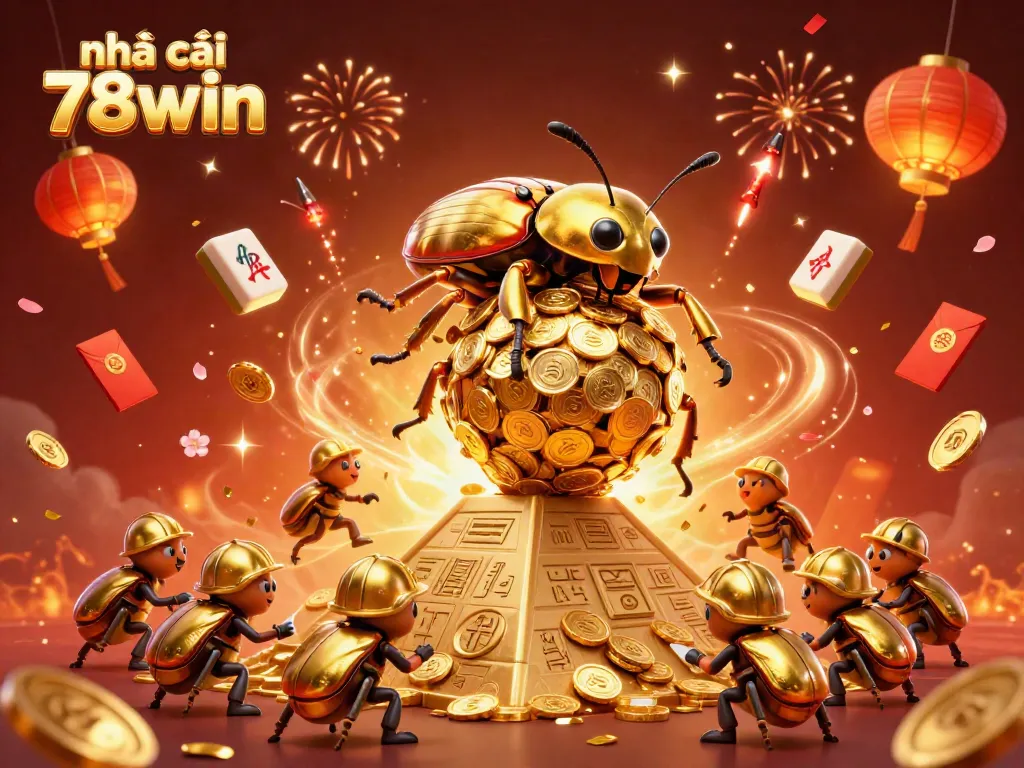 Engaging scene depicting nhà cái 78win with golden beetles and casino elements, promoting online gaming excitement.
