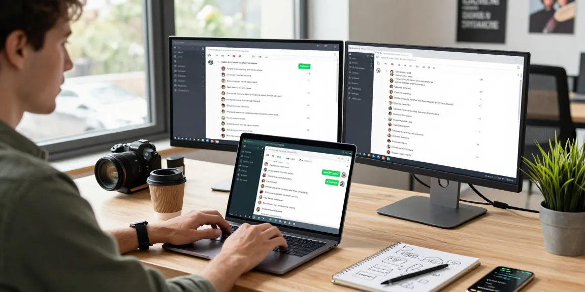 Using WhatsApp電腦版 on a laptop in a modern office with dual monitors, coffee, and tech gear.