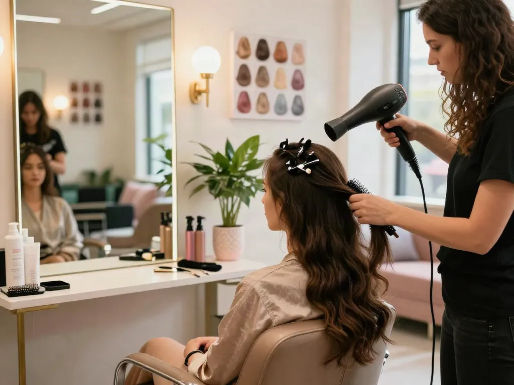 Woman showcasing invisible clip in extensions in a chic salon setting, stylist finishing hair.