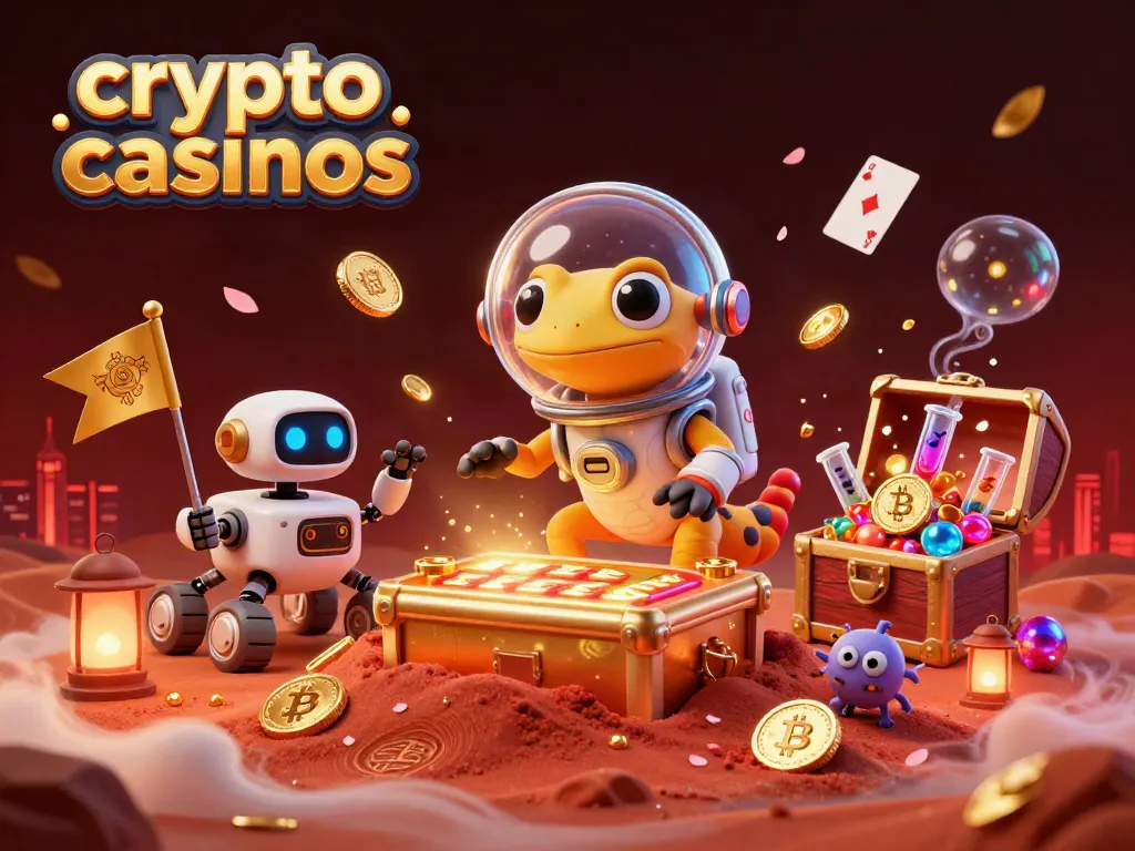 Experience the excitement of crypto casinos with a Martian gecko discovering a golden casino on Mars.