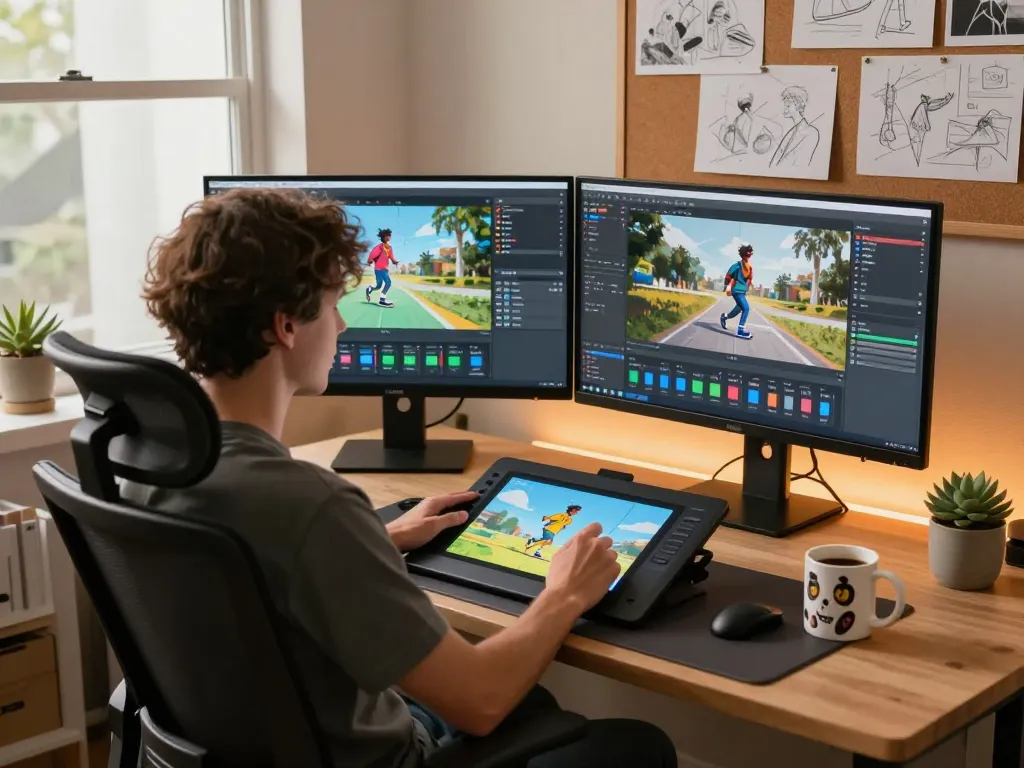 Motion control workspace with digital artist using Kling 2.28 for animation creation.