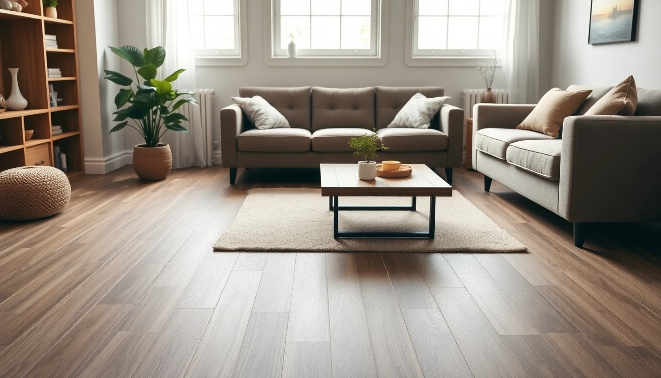 Beautiful earth taupe vinyl plank flooring enhances a cozy living room's decor.