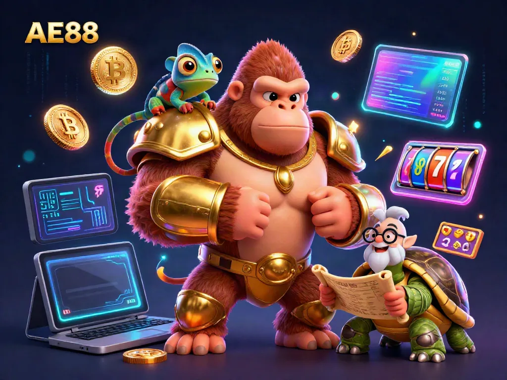 Engage in thrilling gaming with the AE888 casino gorilla king and friends, showcasing vibrant gaming elements.