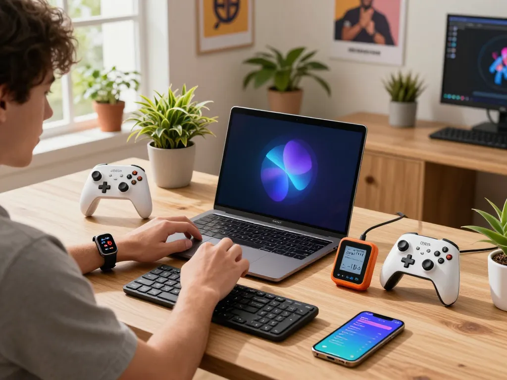 Exploring trending tech gadgets in a modern workspace with Bluetooth devices.