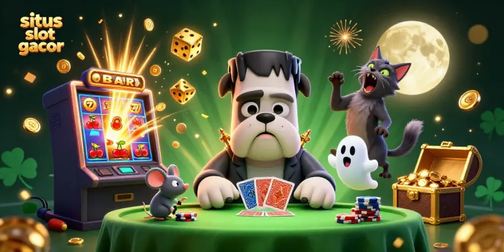 Play exciting games at situs slot gacor with a lively scene of unique characters and dynamic slot elements.