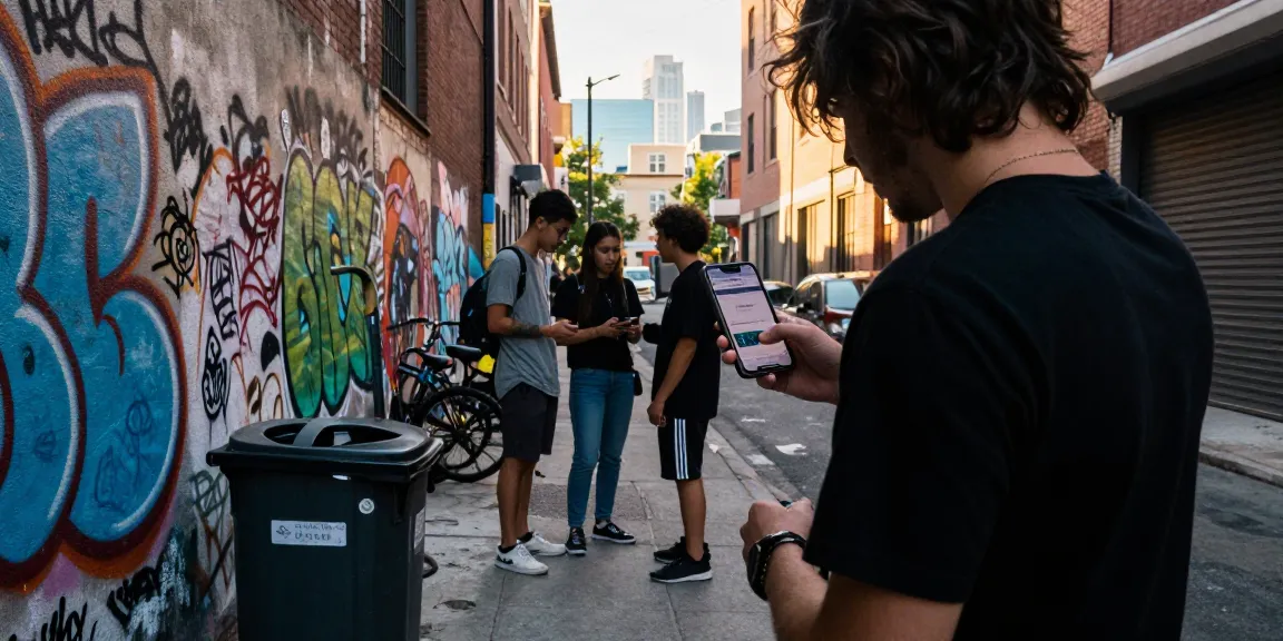 Person showcasing a phone with options to buy brown heroin online in an urban alley.